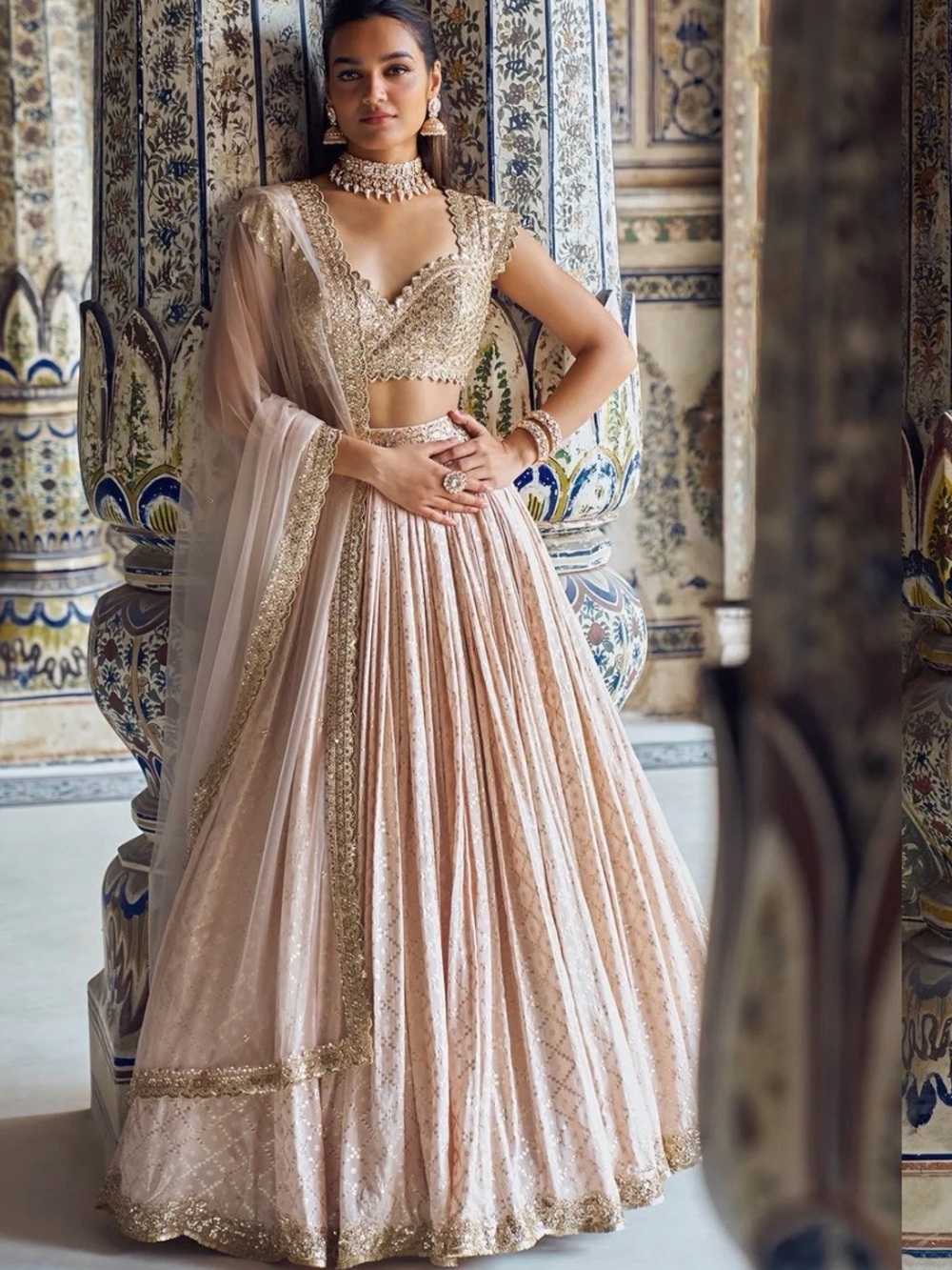 Nude And Gold Embroidered Lehenga Size M